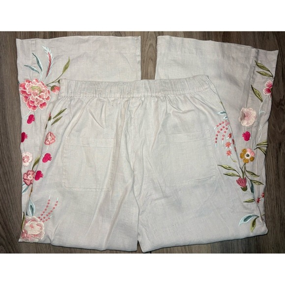 Johnny Was Joya Wide Leg Linen Pants Size XL  Embroidered Floral Bohemian - Picture 9 of 15